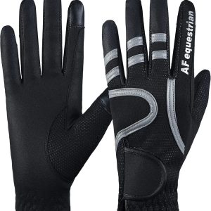 Ladies Horse Riding Gloves Track Fabric Gloves Synthetic Leather Equestrian Black Stretch Fabric Thermal Lined Winter Gloves With High Vis Lines