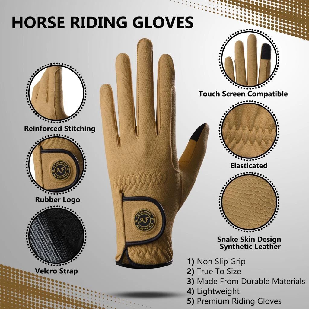 Ladies Horse Riding Gloves Premium Synthetic Leather Snake Design Caramel Yellow - Image 2