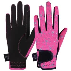 Childrens Kids Equestrian Horse Riding Glove Synthetic Leather Cotton Pink Star