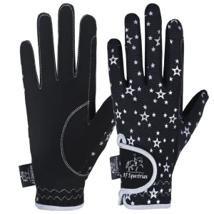 Childrens Kids Equestrian Horse Riding Glove Synthetic Leather Cotton Black Star